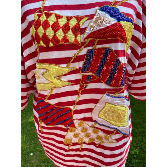 Vintage NUR Red & White Striped Cotton Top With Nautical Appliqué - Picture 2 of 7